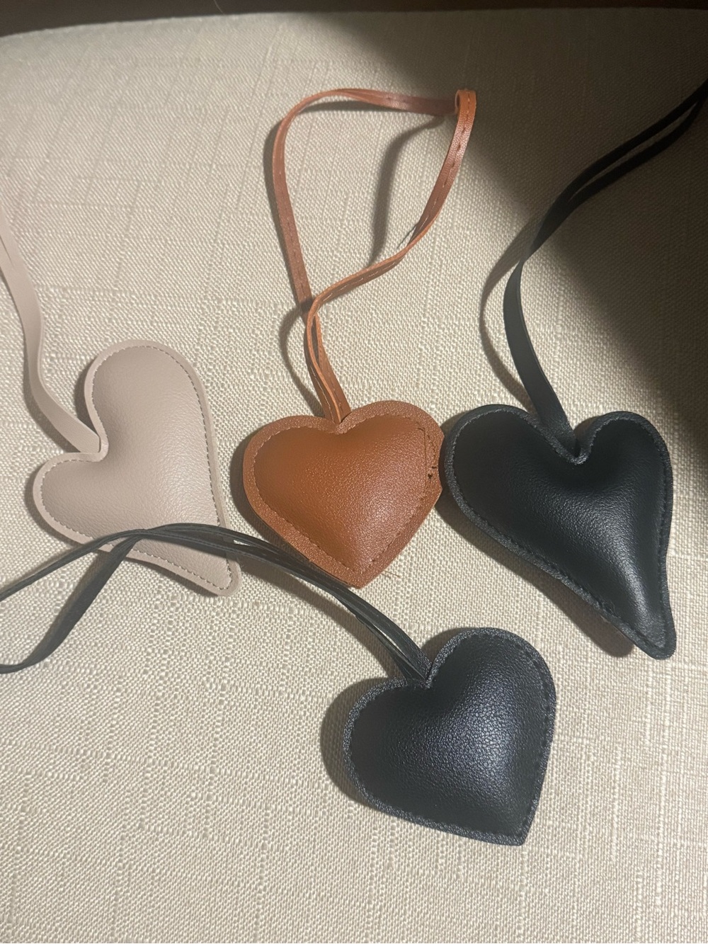 Set of 4 Vegan Leather Heart Bag Charms (Black, Brown, Beige)